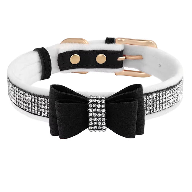 Warm Cat Collar Glitter Crystal Small Dog Kitten Collars Fleece Padded Rhinestone Necklace with Bowknot Adjustable for Puppy Cat