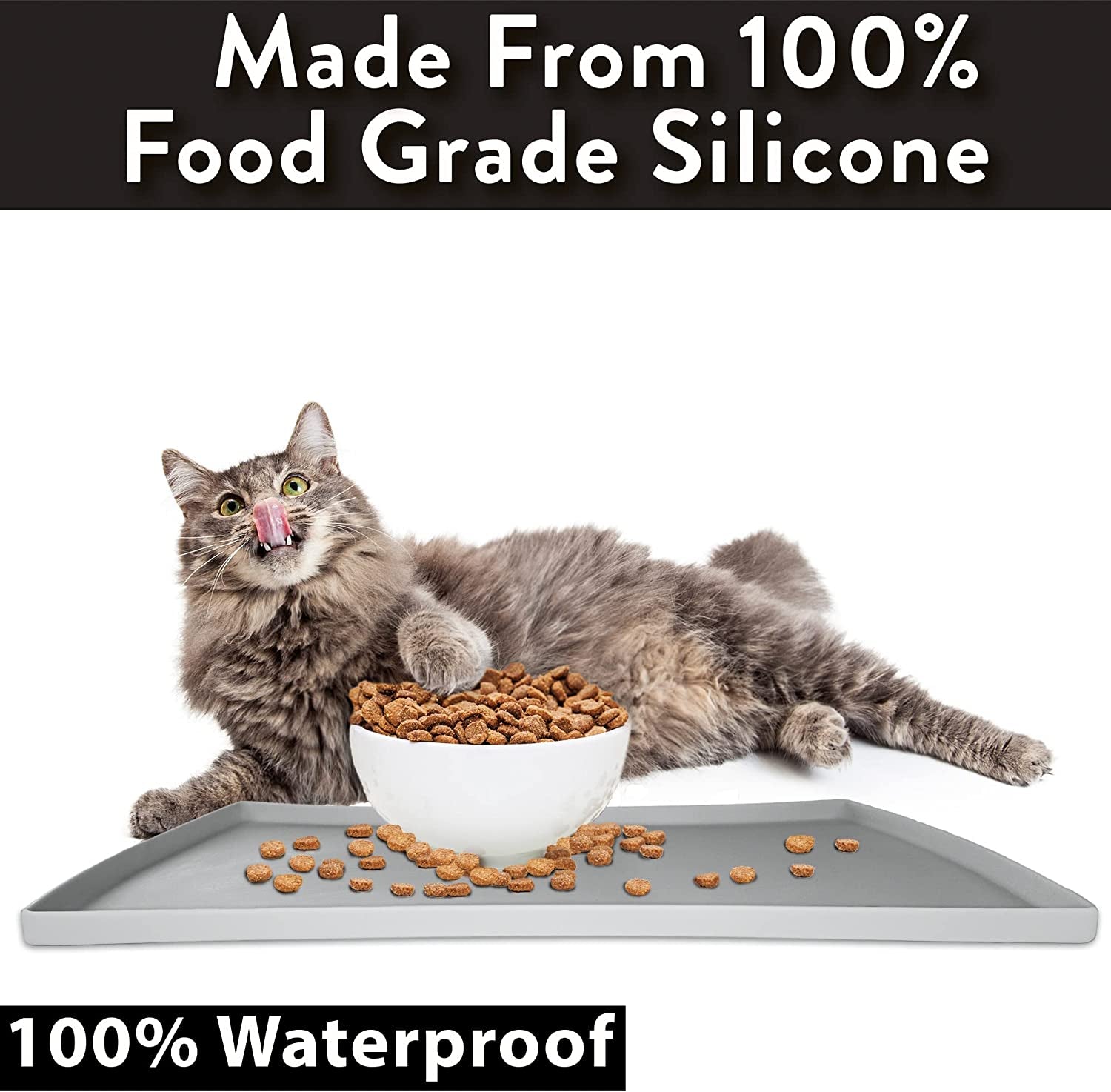 Catguru Cat Food Mat, Small & Large Pet Food Mat, 100% Waterproof Cat Mat for Food and Water, Silicone Mat for Cat Bowls, Non-Slip Mat for Cat Food and Water Bowl or Cat Water Fountain (Small, Gray)