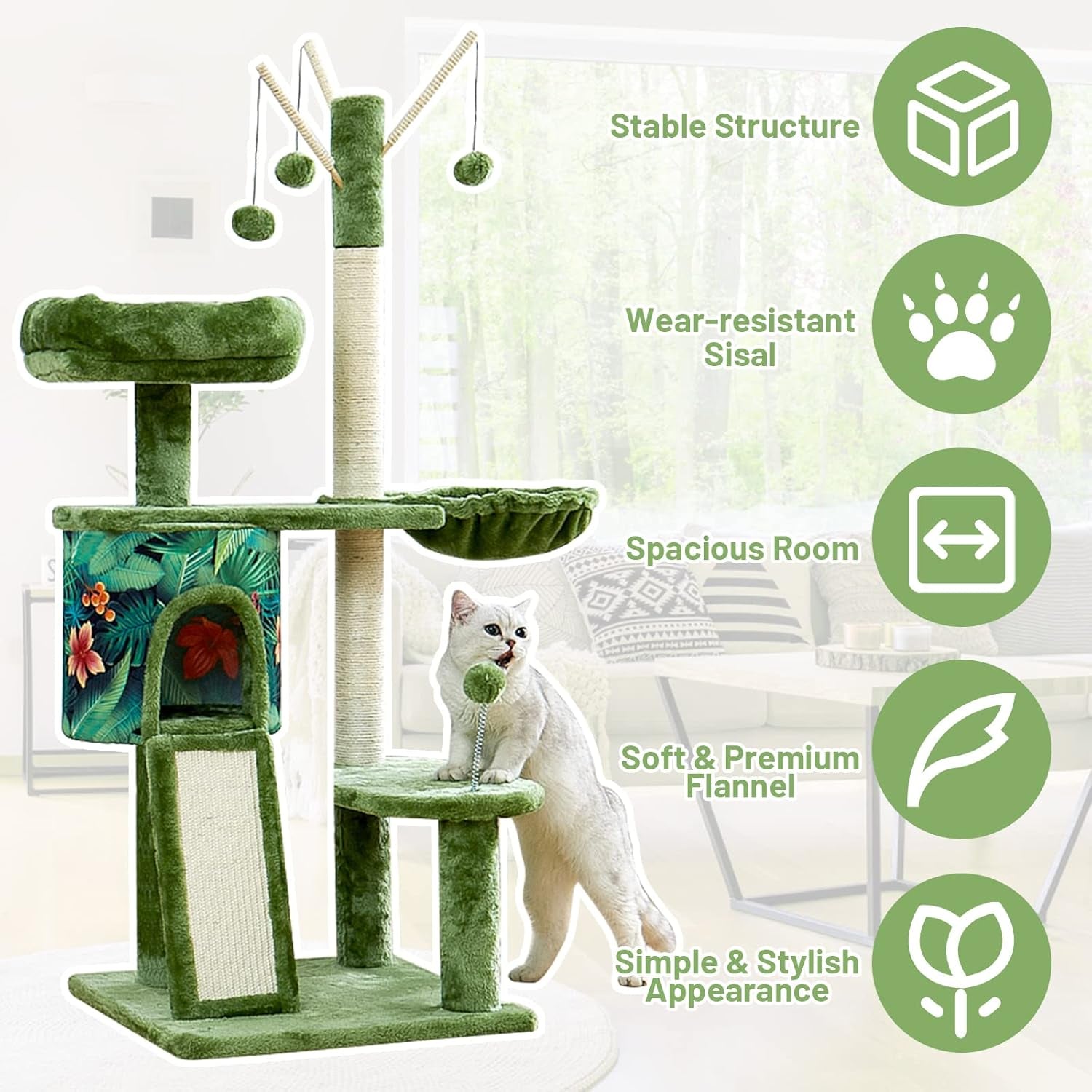 Cat Tree 53" Multi-Level Cat Tower Cat Condo for Indoor Cats, with Plush Perches, Sisal-Covered Scratching Posts, Cat Basket, Pet Play House(Green)