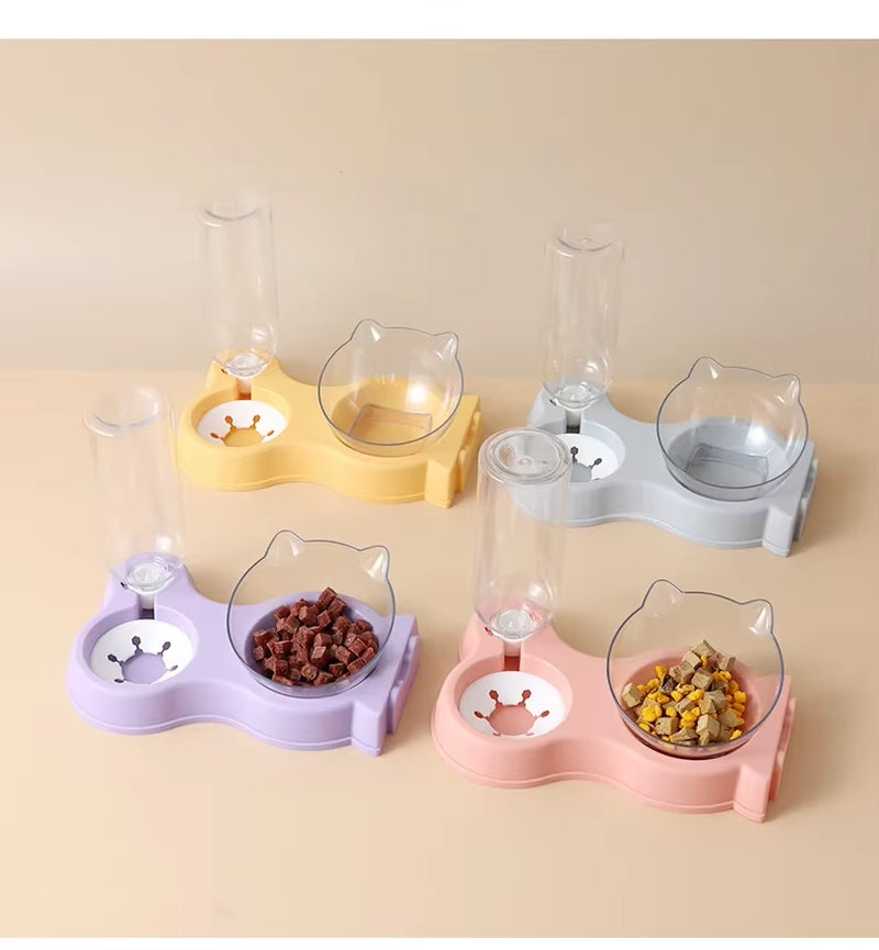 Pet Cat Food Bowl Automatic Feeder All-In-One Splice Dog Cat Food Bowl and Drinking Fountain Drinking Raised Standing Dish Bowl