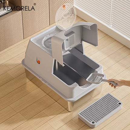 KEMORELA Stainless Steel Cat Litter Box Xlextra Large Litter Box for Big Cats Enclosed Removable with High Sided Enclosure Scoop