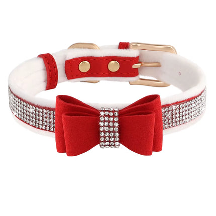 Warm Cat Collar Glitter Crystal Small Dog Kitten Collars Fleece Padded Rhinestone Necklace with Bowknot Adjustable for Puppy Cat