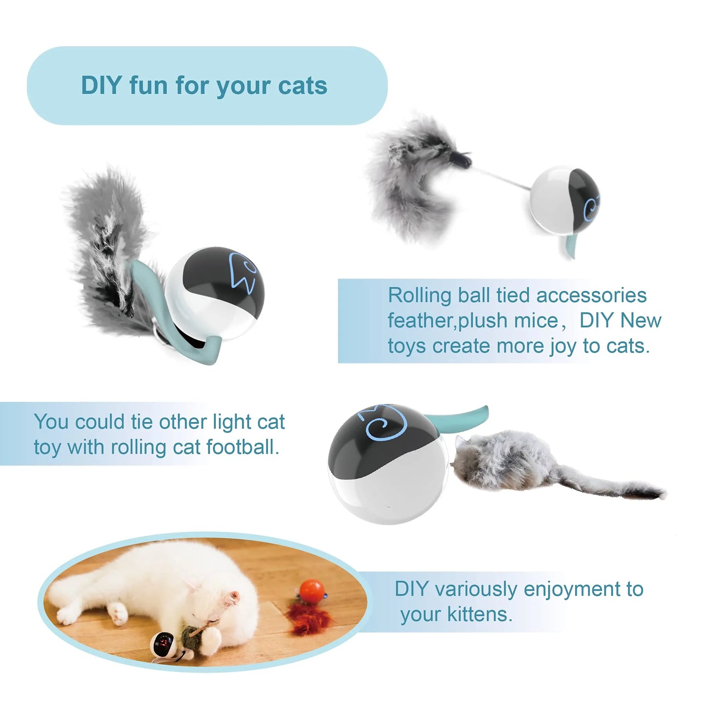 Cat Toy, Interactive Automatic Moving Ball Bundle, Classic Mice and Feather in a Pack, Smart Electric Teaser with USB Rechargeable for Kitten and Pets