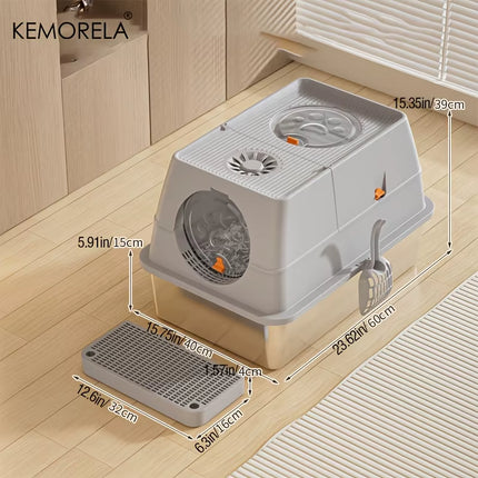KEMORELA Stainless Steel Cat Litter Box Xlextra Large Litter Box for Big Cats Enclosed Removable with High Sided Enclosure Scoop