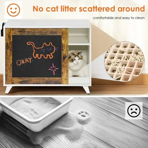 Litter Box Enclosure,Modern Hidden Cat Litter Box Enclosure Furniture With Scratching Pad For Living Room, White  Vintage Color Door Frame