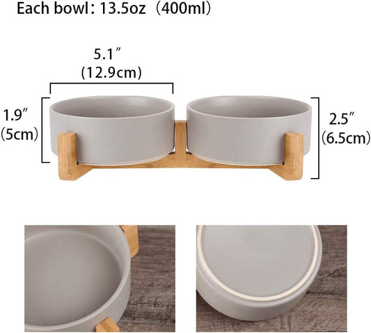 Grey Ceramic Cat Dog Bowl Dish with Wood Stand No Spill Pet Food Water Feeder Cats Small Dogs Set of 2