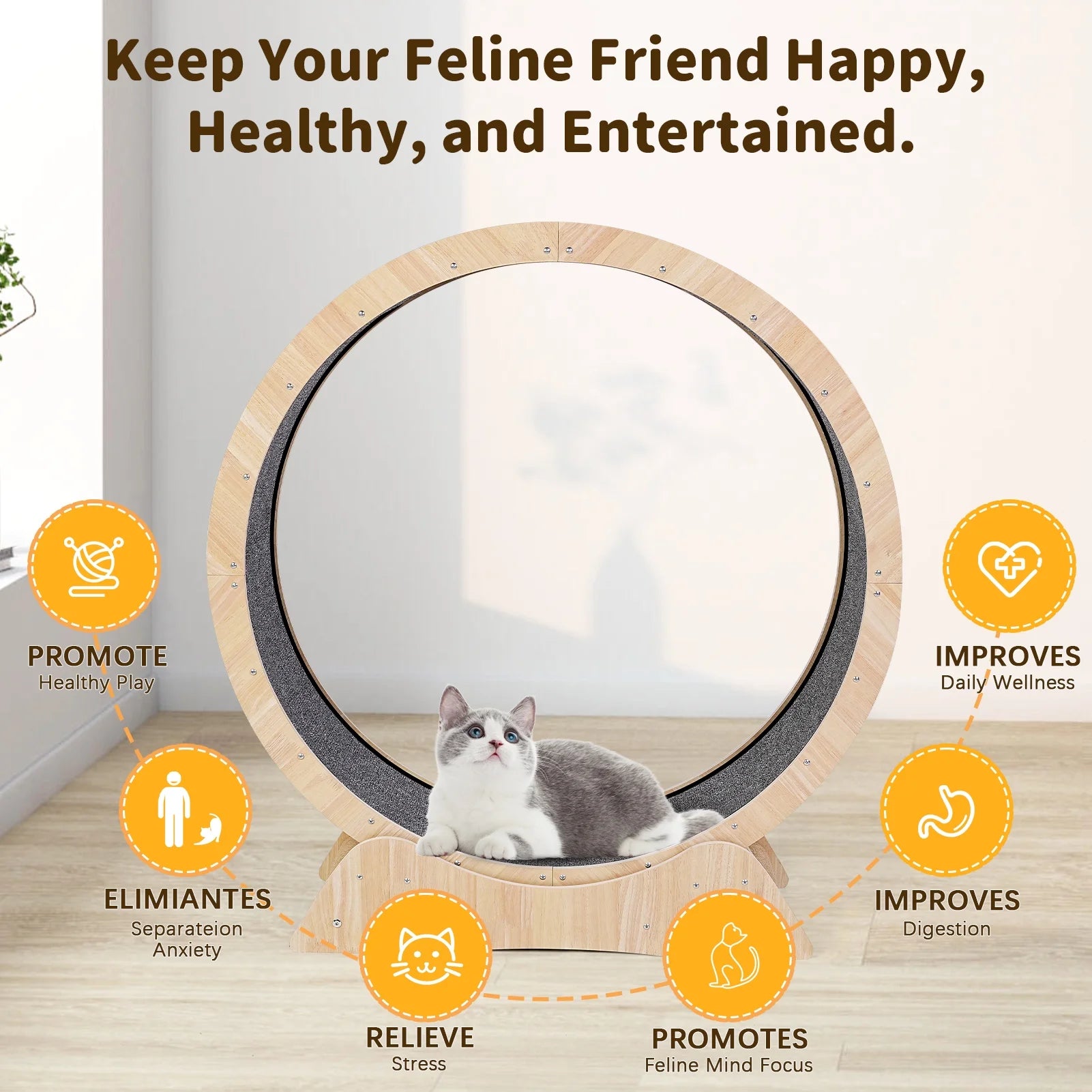 Cat Exercise Wheel for Indoor Cat, 45" Large XL Cat Running Wheel with Carpeted Runway, Cat Treadmill Wheel for Kitty’S Longer Life, Cat Wheel for Fitness Weight, Natural Wood Color,Teaser Cat Toys