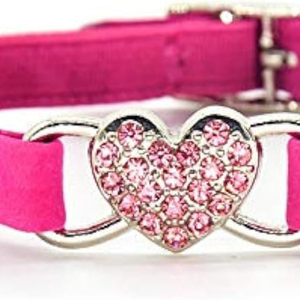 CHUKCHI Pink Soft Velvet Safe Cat Adjustable Collar with Crystal Heart Charm and Bells 8-11 Inches(Black+Red+Pink+Blue)