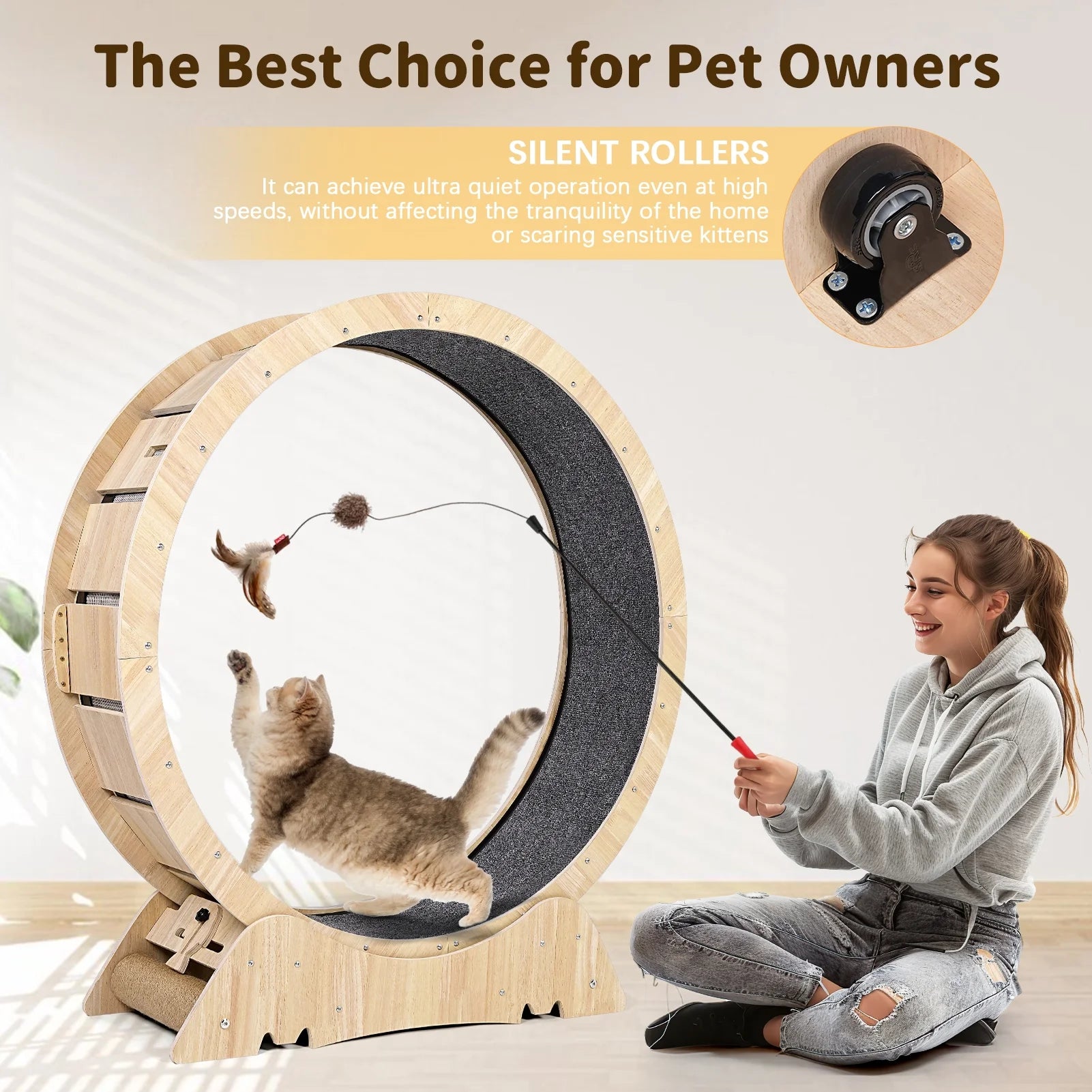 Cat Exercise Wheel for Indoor Cat, 45" Large XL Cat Running Wheel with Carpeted Runway, Cat Treadmill Wheel for Kitty’S Longer Life, Cat Wheel for Fitness Weight, Natural Wood Color,Teaser Cat Toys