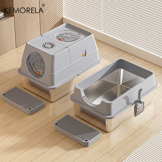 KEMORELA Stainless Steel Cat Litter Box Xlextra Large Litter Box for Big Cats Enclosed Removable with High Sided Enclosure Scoop