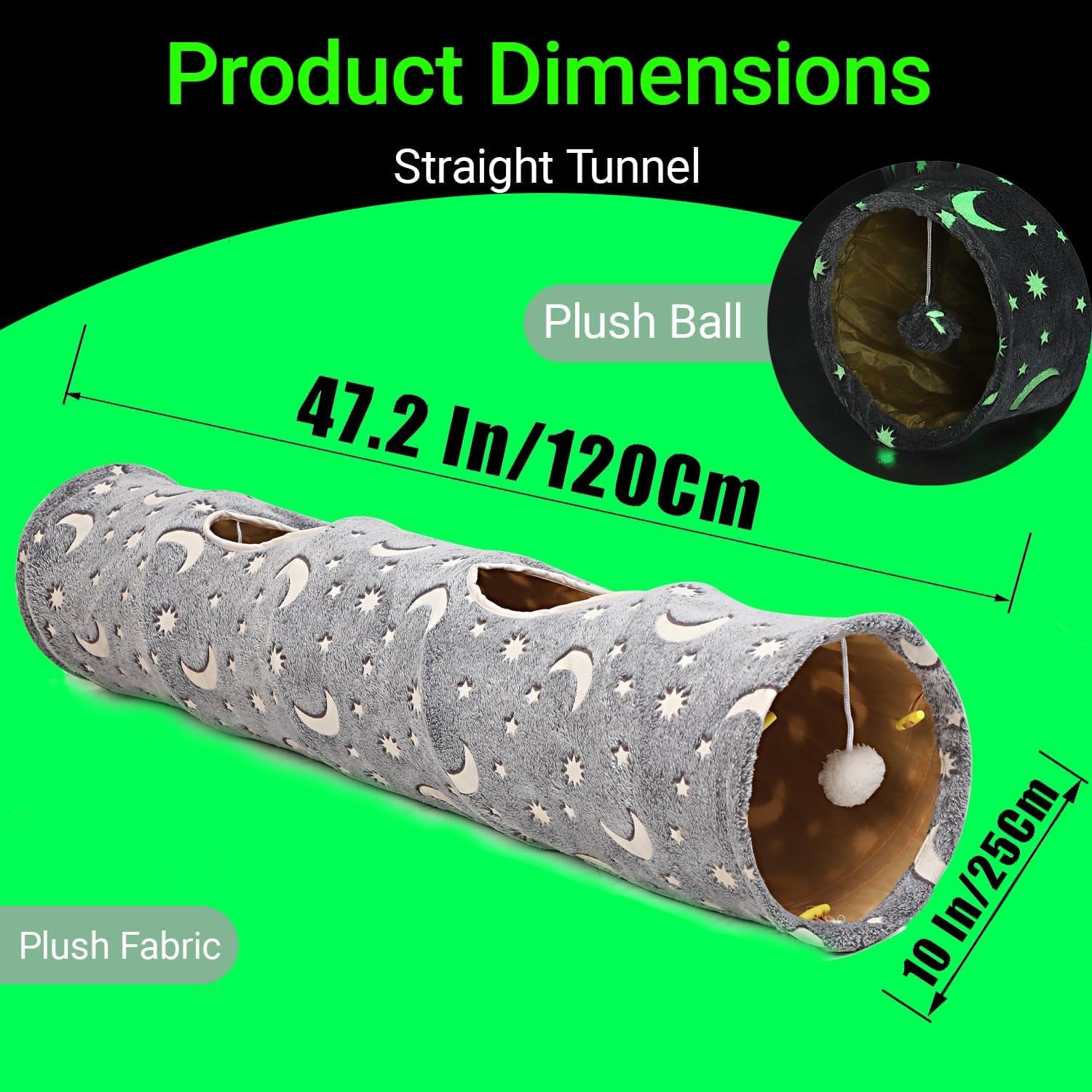 LUCKITTY Cat Tunnel Tube with Plush Ball Toys Collapsible Self-Luminous Photoluminescence, for Small Animals Pets Bunny Rabbits, Kittens, Ferrets,Puppy and Dogs Grey Moon Star