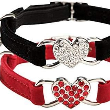 CHUKCHI Pink Soft Velvet Safe Cat Adjustable Collar with Crystal Heart Charm and Bells 8-11 Inches(Black+Red+Pink+Blue)