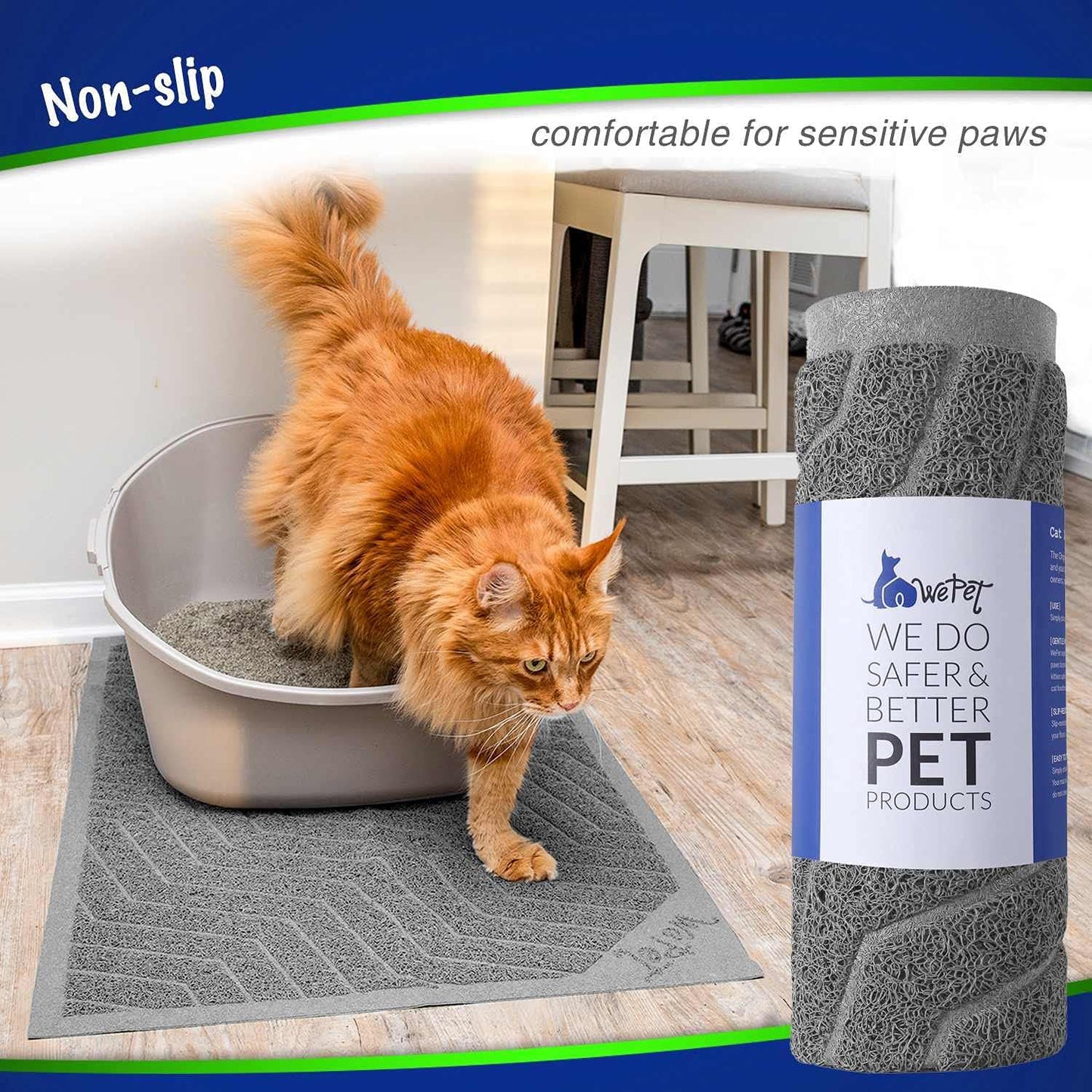 Wepet Cat Litter Box Mat(No. 02-2), Kitty Premium PVC Pad, Durable Trapping Rug, Phthalate Free, Urine-Resistant, Scatter Control, L 35 X 23, Grey