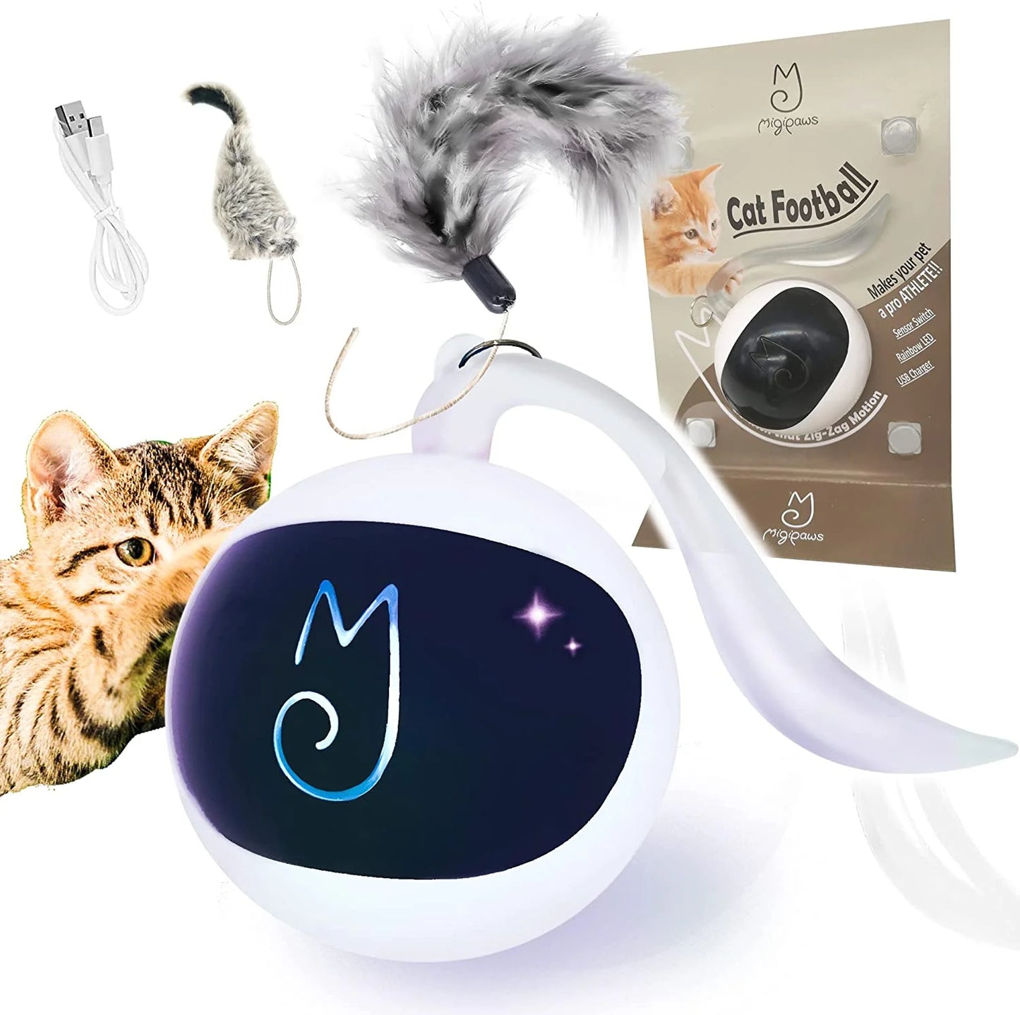 Cat Toy, Interactive Automatic Moving Ball Bundle, Classic Mice and Feather in a Pack, Smart Electric Teaser with USB Rechargeable for Kitten and Pets