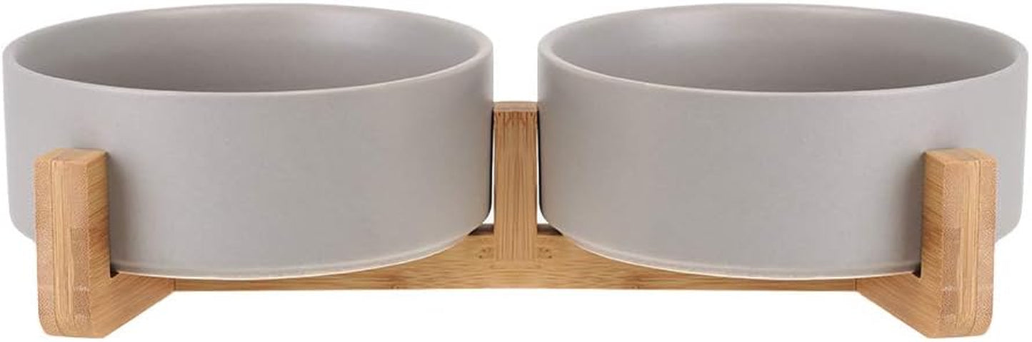 Grey Ceramic Cat Dog Bowl Dish with Wood Stand No Spill Pet Food Water Feeder Cats Small Dogs Set of 2