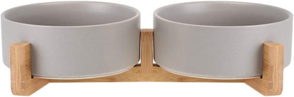 Grey Ceramic Cat Dog Bowl Dish with Wood Stand No Spill Pet Food Water Feeder Cats Small Dogs Set of 2