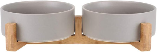 Grey Ceramic Cat Dog Bowl Dish with Wood Stand No Spill Pet Food Water Feeder Cats Small Dogs Set of 2