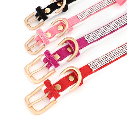 Warm Cat Collar Glitter Crystal Small Dog Kitten Collars Fleece Padded Rhinestone Necklace with Bowknot Adjustable for Puppy Cat
