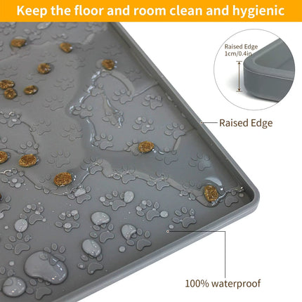 Silicone Paw Print Dog Feeding Mat, Anti-Overflow Raised Edge Pet Placemat for Dog Food and Water Bowl