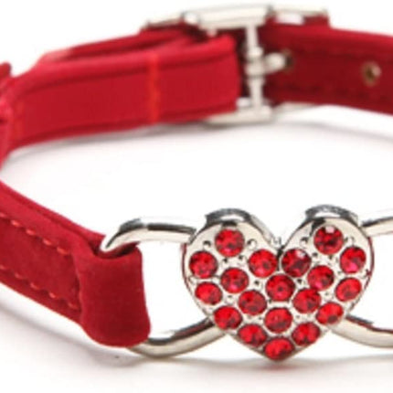 CHUKCHI Pink Soft Velvet Safe Cat Adjustable Collar with Crystal Heart Charm and Bells 8-11 Inches(Black+Red+Pink+Blue)