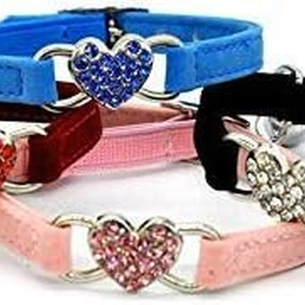 CHUKCHI Pink Soft Velvet Safe Cat Adjustable Collar with Crystal Heart Charm and Bells 8-11 Inches(Black+Red+Pink+Blue)