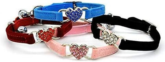 CHUKCHI Pink Soft Velvet Safe Cat Adjustable Collar with Crystal Heart Charm and Bells 8-11 Inches(Black+Red+Pink+Blue)