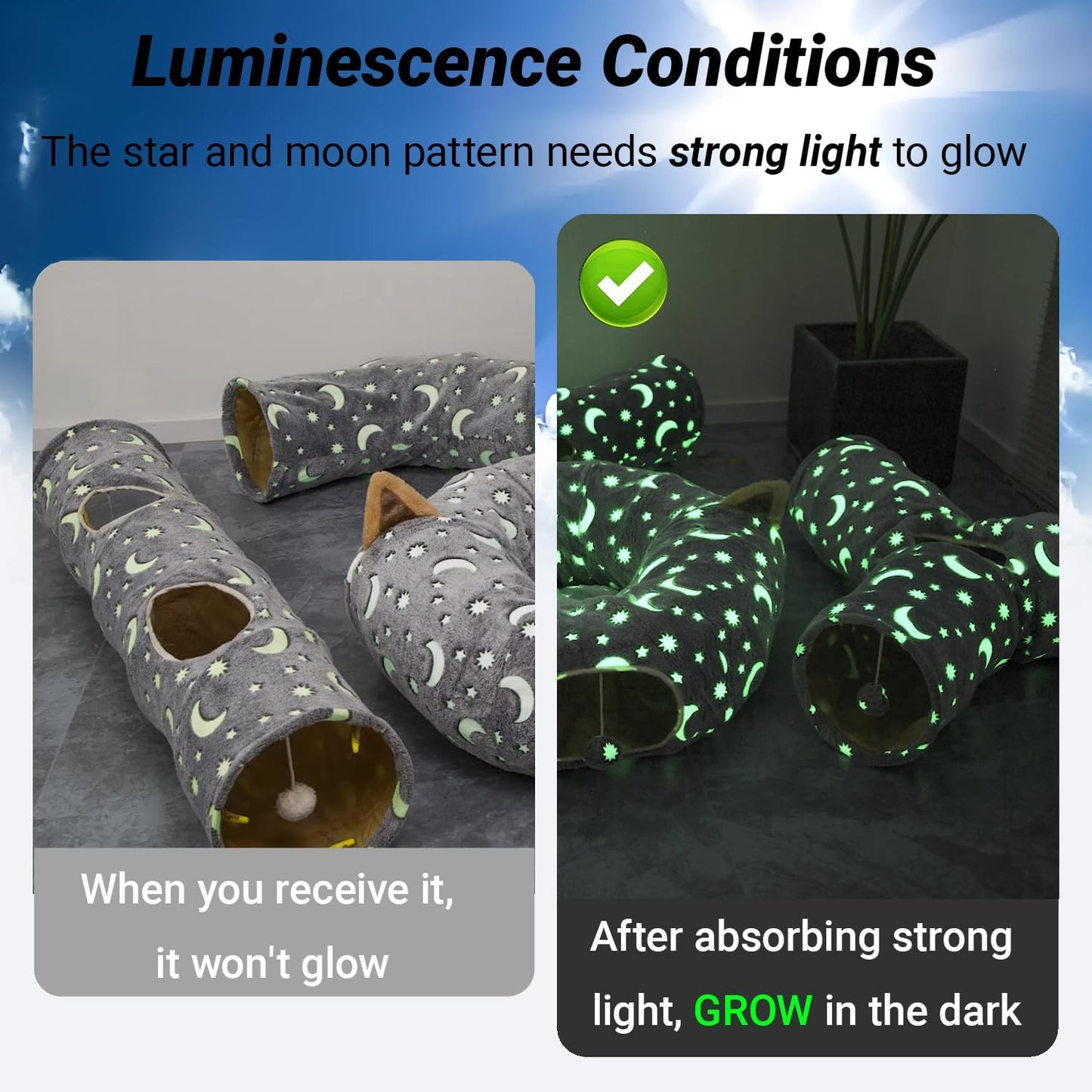 LUCKITTY Cat Tunnel Tube with Plush Ball Toys Collapsible Self-Luminous Photoluminescence, for Small Animals Pets Bunny Rabbits, Kittens, Ferrets,Puppy and Dogs Grey Moon Star