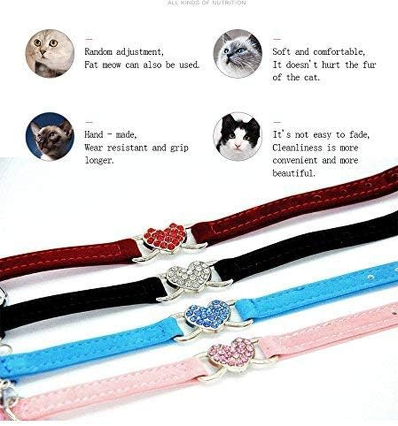 CHUKCHI Pink Soft Velvet Safe Cat Adjustable Collar with Crystal Heart Charm and Bells 8-11 Inches(Black+Red+Pink+Blue)