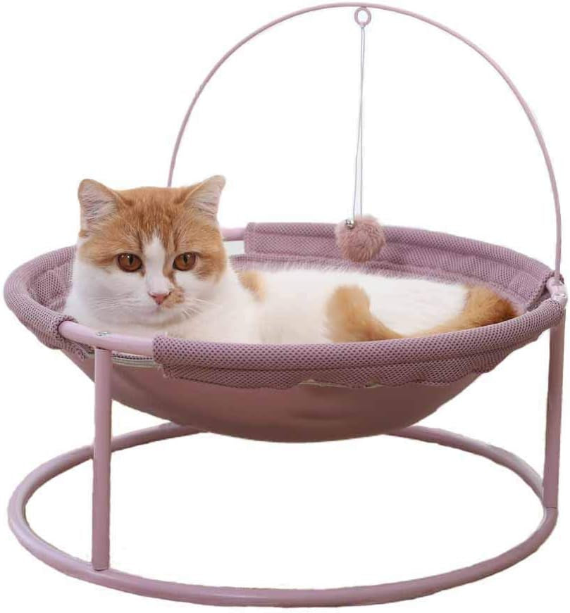 Cat Hammock Elevated Cat Bed with Steel Frame and Teaser Toy Ball, Detachable Washable and Cozy Hammock for Indoor Lounge