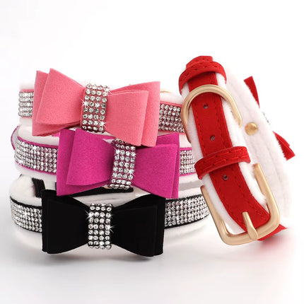 Warm Cat Collar Glitter Crystal Small Dog Kitten Collars Fleece Padded Rhinestone Necklace with Bowknot Adjustable for Puppy Cat