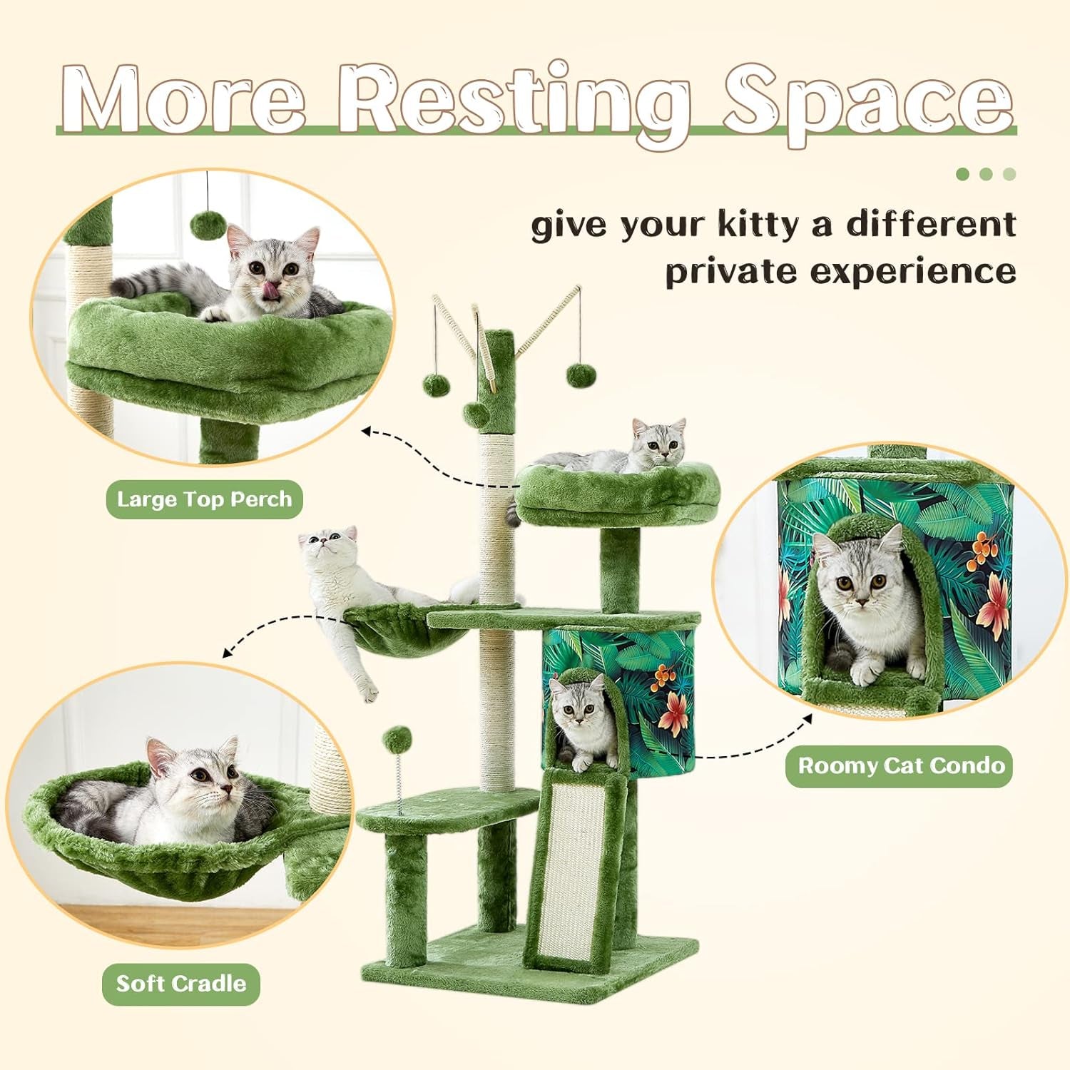 Cat Tree 53" Multi-Level Cat Tower Cat Condo for Indoor Cats, with Plush Perches, Sisal-Covered Scratching Posts, Cat Basket, Pet Play House(Green)