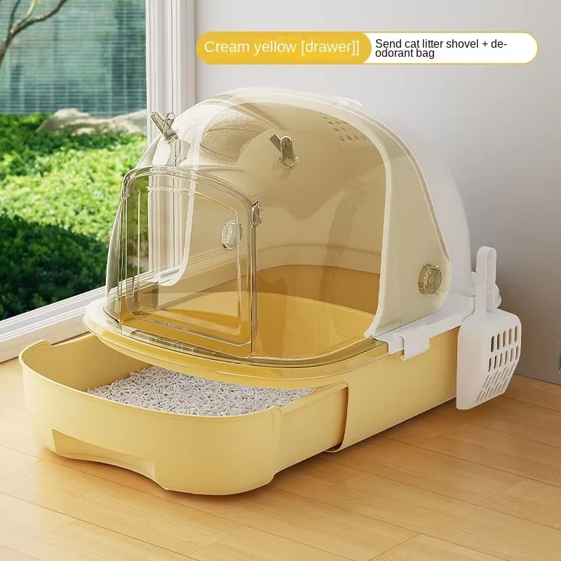 "Deluxe Oversized Enclosed Cat Litter Box with Innovative Flip Cover - Splash-Proof, Odor-Proof, and Convenient Poop Drawer Design for Cozy Cat Comfort"