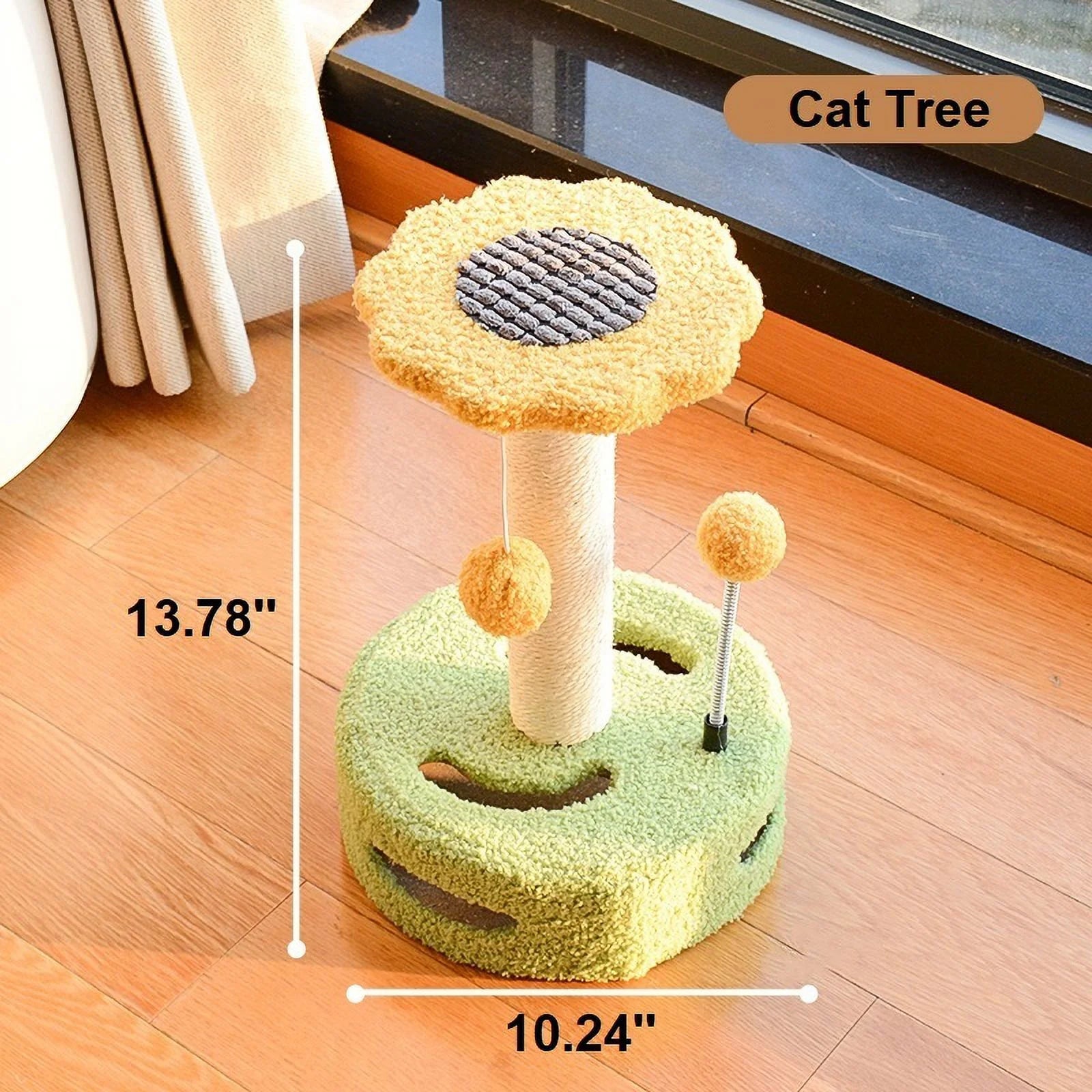 14Inch Cat Tree for Indoor Small Cats Kitten Less than 8.8 Pounds, with 1 Sisal Covered Scratching Post 1 Small Top Perch 1 Spring Ball 1 Hanging Toy Ball, Green+Yellow