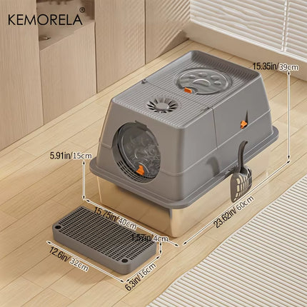 KEMORELA Stainless Steel Cat Litter Box Xlextra Large Litter Box for Big Cats Enclosed Removable with High Sided Enclosure Scoop