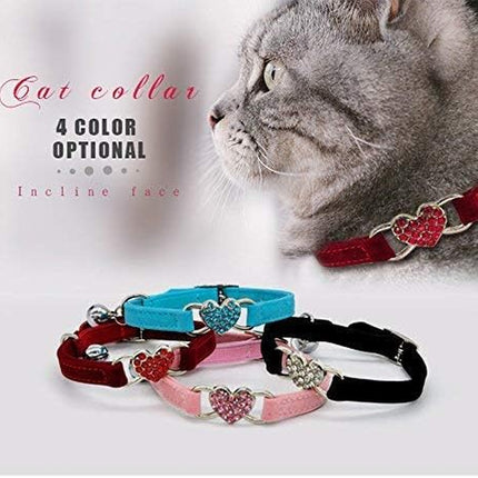CHUKCHI Pink Soft Velvet Safe Cat Adjustable Collar with Crystal Heart Charm and Bells 8-11 Inches(Black+Red+Pink+Blue)