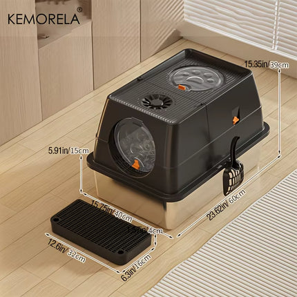 KEMORELA Stainless Steel Cat Litter Box Xlextra Large Litter Box for Big Cats Enclosed Removable with High Sided Enclosure Scoop