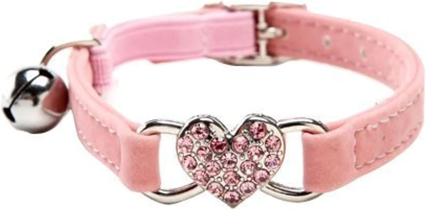 CHUKCHI Pink Soft Velvet Safe Cat Adjustable Collar with Crystal Heart Charm and Bells 8-11 Inches(Black+Red+Pink+Blue)