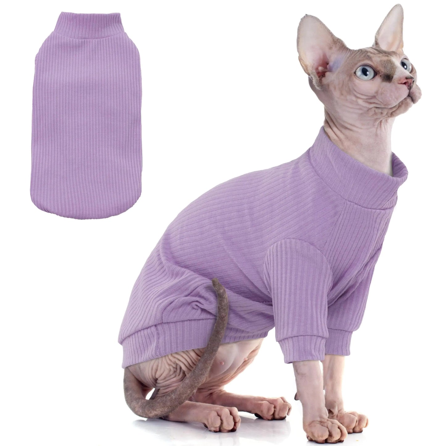 PUMYPOREITY Cat Clothes Stretchy Cat Shirt Cat Sweater with Sleeves Sphynx Cat Clothes Soft Cat Shirts for Cats Only Pullover Cat Pajama for Sphynx Hairless Cat Devon Rex Purple S