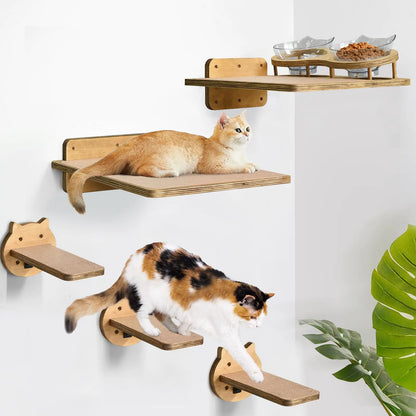 Cat Wall Shelves Wood Cat Shelves for Wall with Cat Feeding Station Cat Wall Furniture with 3 Cat Wall Steps Cat Shelves and Perches Wall Mounted Cat Climbing Shelf Cat Lover Gift 4 Board