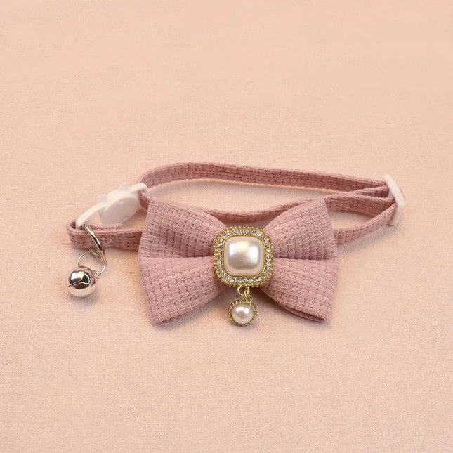 Charming Vintage Pearl Pendant Adjustable Waffle Cat Collar with Bow and Bell - Perfect for Small Dogs and Cats (20-35cm) - 2024 New Arrival