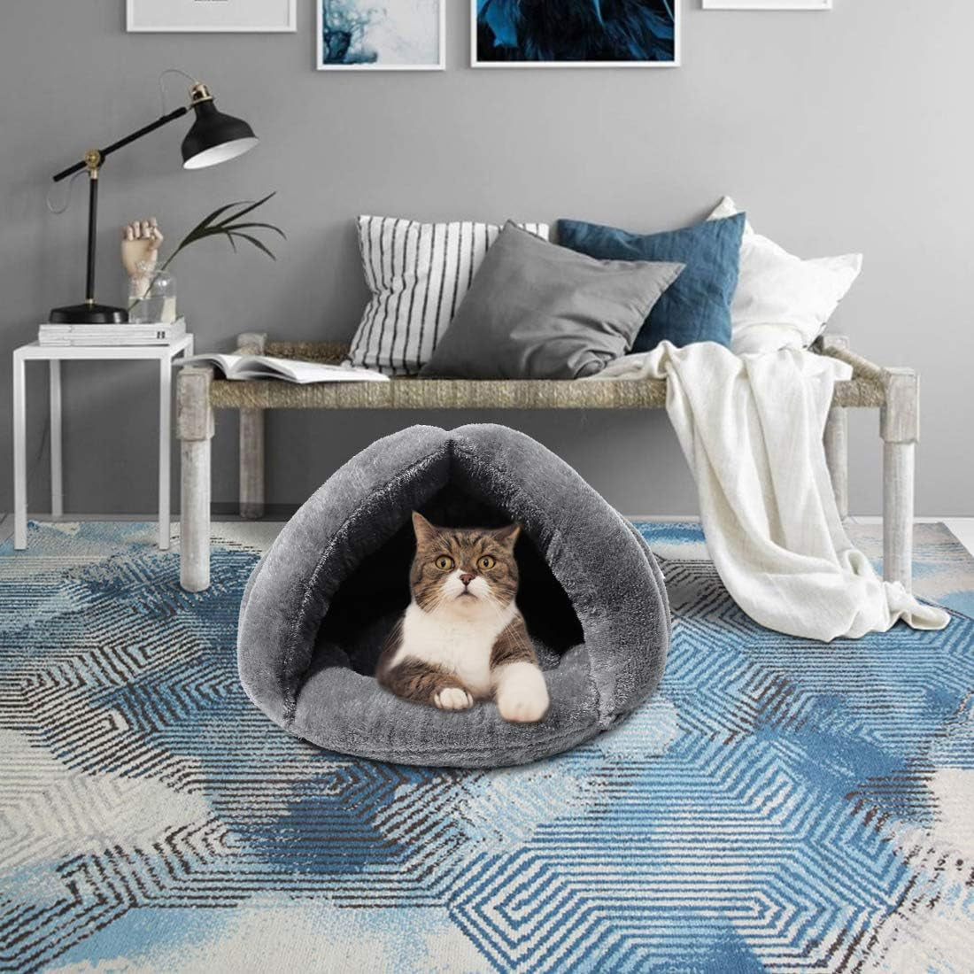 Soft Warm Cat Bed for Winter Cat Tent Self-Warming Sleeping Bed for Cats Fleece Pet Cave Bed for Winter Pets Puppy Indoor Pet Triangle Nest (Grey)