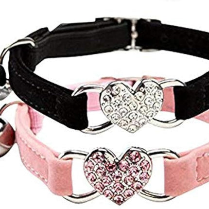 CHUKCHI Pink Soft Velvet Safe Cat Adjustable Collar with Crystal Heart Charm and Bells 8-11 Inches(Black+Red+Pink+Blue)