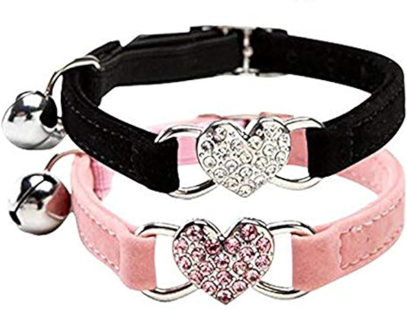 CHUKCHI Pink Soft Velvet Safe Cat Adjustable Collar with Crystal Heart Charm and Bells 8-11 Inches(Black+Red+Pink+Blue)