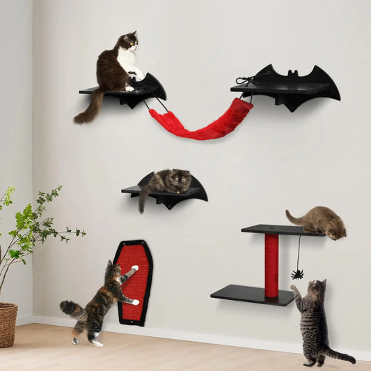 Gothic Cat Wall Shelves 4pcs Wall-Mounted Cat Climber Set Cat Tree Cat Bed with Bridge Ladder Wall Steps Scratching Board Posts Hanging Spider Toy Cat Condo Halloween Cat Wall Furniture for Cats