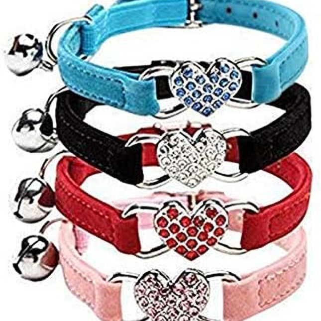 CHUKCHI Pink Soft Velvet Safe Cat Adjustable Collar with Crystal Heart Charm and Bells 8-11 Inches(Black+Red+Pink+Blue)