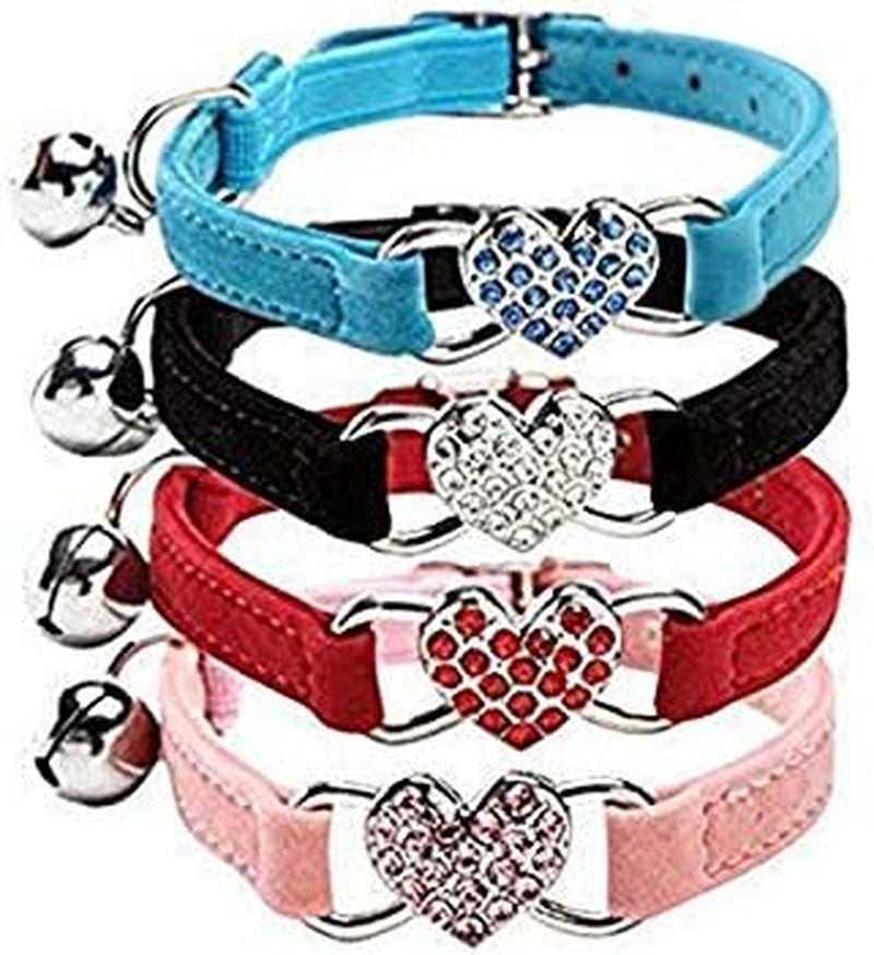 CHUKCHI Pink Soft Velvet Safe Cat Adjustable Collar with Crystal Heart Charm and Bells 8-11 Inches(Black+Red+Pink+Blue)