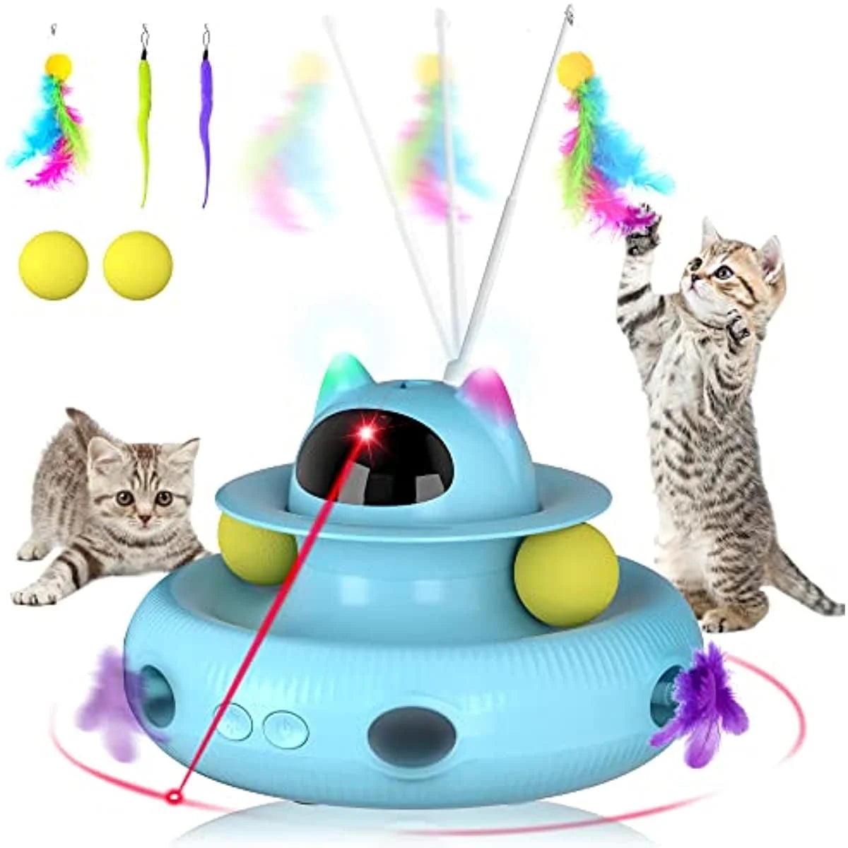 4 in 1 Indoor Interactive Cat Toy Smart Feather Wand USB Rechargeable Teaser Blue