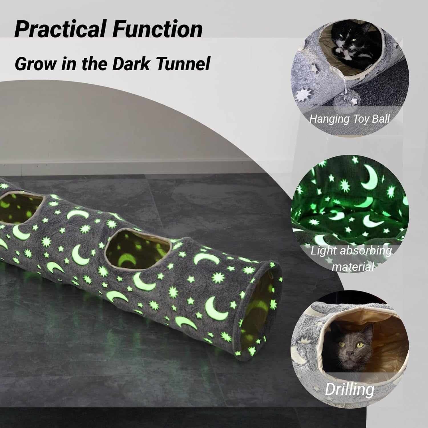 LUCKITTY Cat Tunnel Tube with Plush Ball Toys Collapsible Self-Luminous Photoluminescence, for Small Animals Pets Bunny Rabbits, Kittens, Ferrets,Puppy and Dogs Grey Moon Star