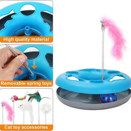 3 in 1 Cat Toys, Cat Toys for Indoor Cats, Spring Pet Toy with Exercise Balls Teaser Mouse, Interactive Cat Toy with 5 Removable Spring Replacements - Blue