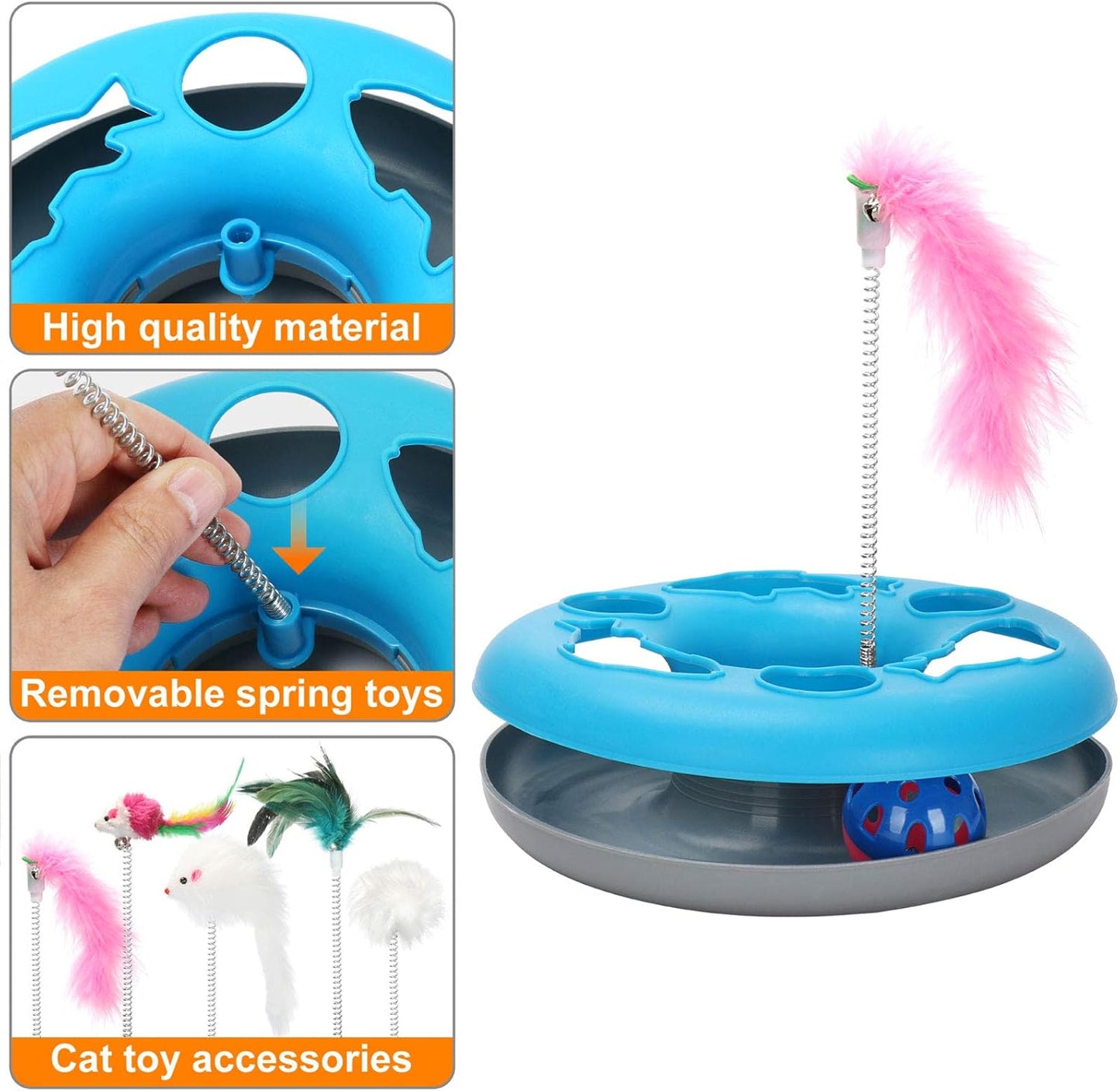 3 in 1 Cat Toys, Cat Toys for Indoor Cats, Spring Pet Toy with Exercise Balls Teaser Mouse, Interactive Cat Toy with 5 Removable Spring Replacements - Blue